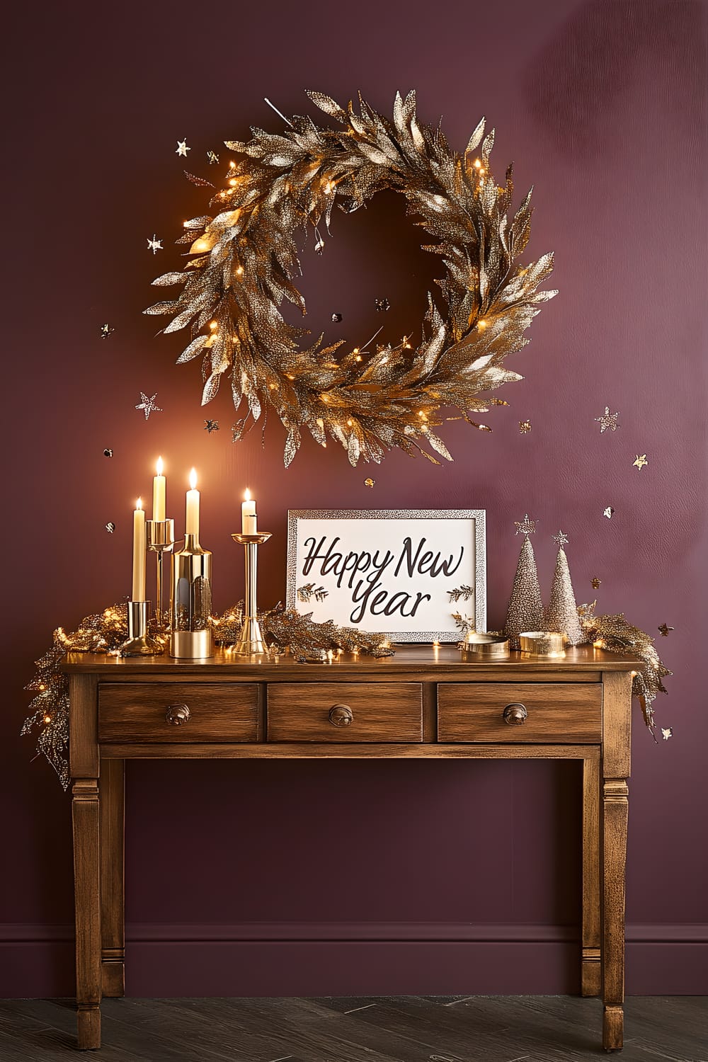 A festive and welcoming entryway setting featuring a wooden console table adorned with a sprawling shiny gold garland, three gold candles, silver signage that reads "Happy New Year" and specks of golden confetti. On the deep plum-coloured wall above the table is a large, ornamental gold wreath with glittery accents.