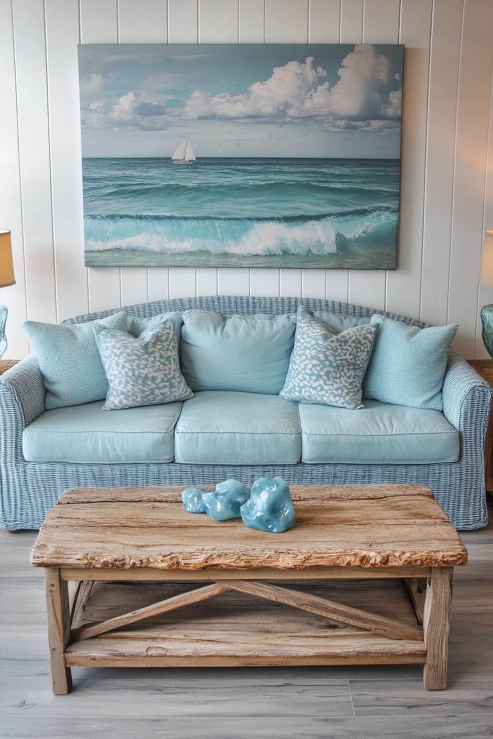 Coastal-inspired living room featuring a light blue wicker sofa adorned with three patterned blue throw pillows. In front of the sofa sits a driftwood coffee table with a blue ceramic centerpiece. A large canvas painting of a sailboat on the ocean hangs on the wall behind the sofa. Two sea glass lamps sit on either side, adding to the room's beach-themed decor. The room is bright and airy with a strong nautical feel.