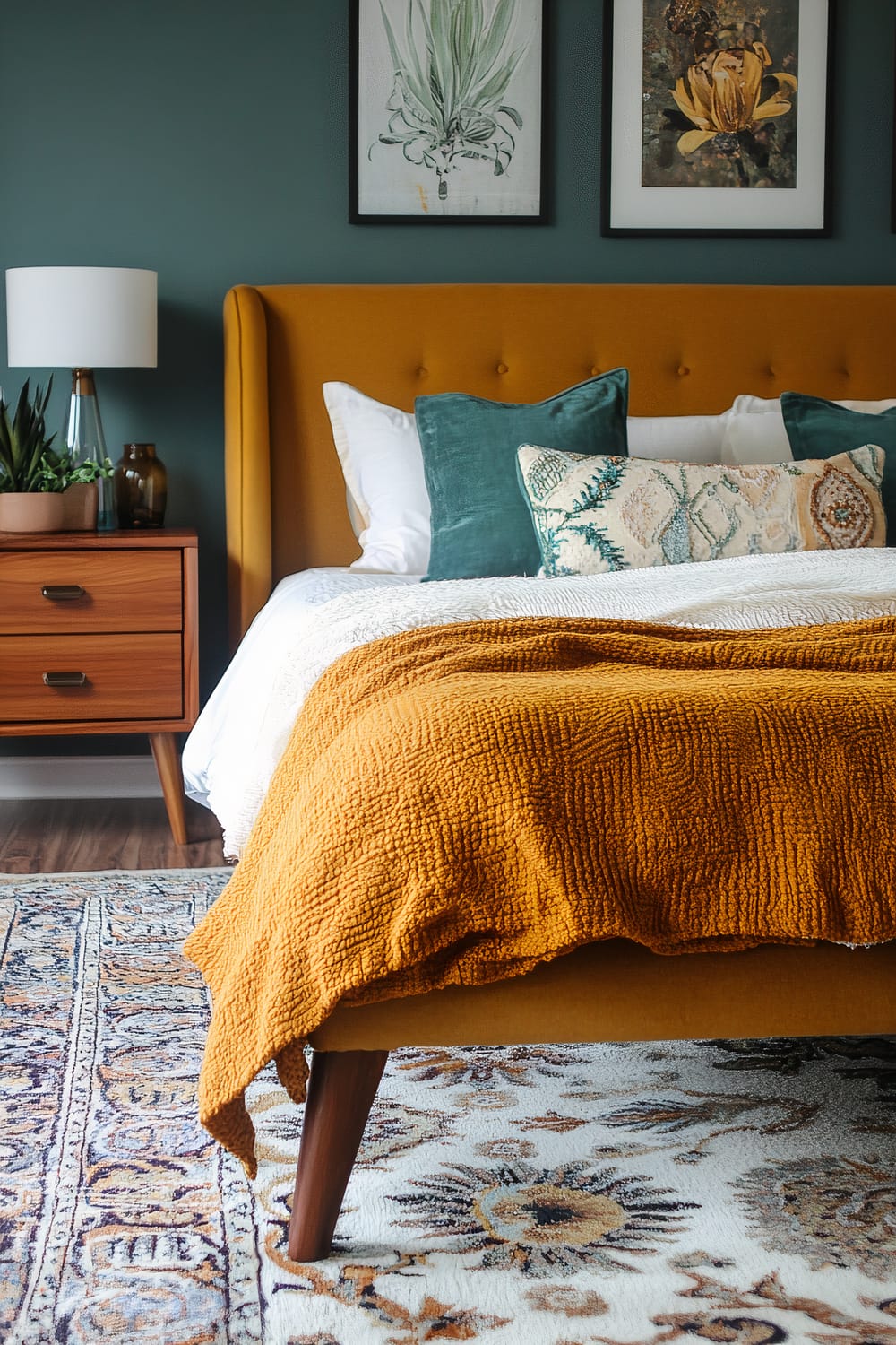 An elegant bedroom featuring a mustard yellow upholstered bed with a button-tufted headboard. The bed is dressed with white linens, teal and patterned throw pillows, and a textured mustard blanket. Beside the bed is a mid-century modern wooden nightstand with a white table lamp, plants, and decorative items. The room has dark teal walls adorned with botanical prints and a detailed Persian-style area rug on the floor, complementing the furniture.