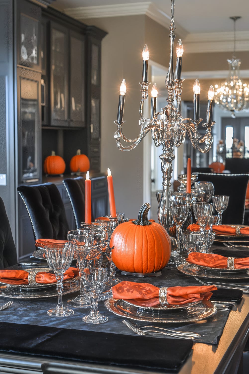 A dining table set for a festive occasion is adorned with an opulent silver candelabra holding multiple lit candles. Black velvet placemats and a table runner create a sophisticated base. Elegant glassware and silverware surround the place settings, each highlighted by bright orange napkins with decorative napkin rings. The table setting is accentuated with a large orange pumpkin at the center. In the background, cabinets with glass doors reveal additional pumpkins, adding a Halloween or autumnal touch.