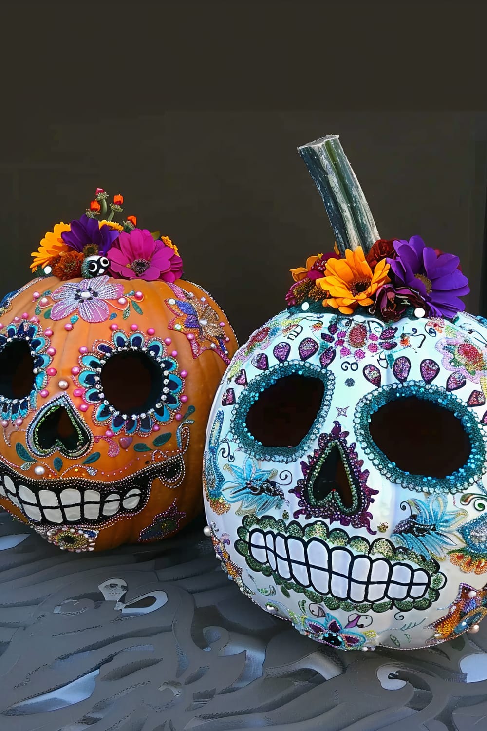 Two decorated pumpkins designed to resemble colorful sugar skulls, each with intricate patterns and embellishments. The left pumpkin is orange, decorated with multicolored beads, flowers, and designs, and topped with purple and red flowers. The right pumpkin is painted white with detailed and vibrant floral and ornamental designs, accented with gems and topped with orange and purple flowers. They are placed on a dark surface with faint skeletal designs.