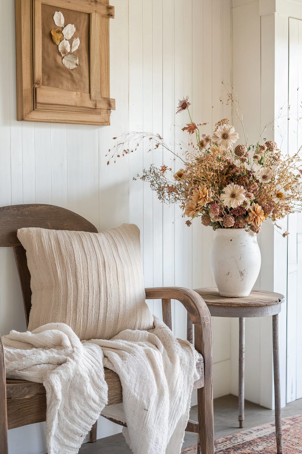 A rustic wooden chair with a cream-colored, textured cushion and a white knitted throw draped over the seat. To the right of the chair is a small, weathered wooden side table holding a large, white ceramic vase filled with an arrangement of dried flowers in earthy tones. The wall behind the furniture consists of white, vertically paneled wood, and a framed dried leaf artwork hangs above the chair.