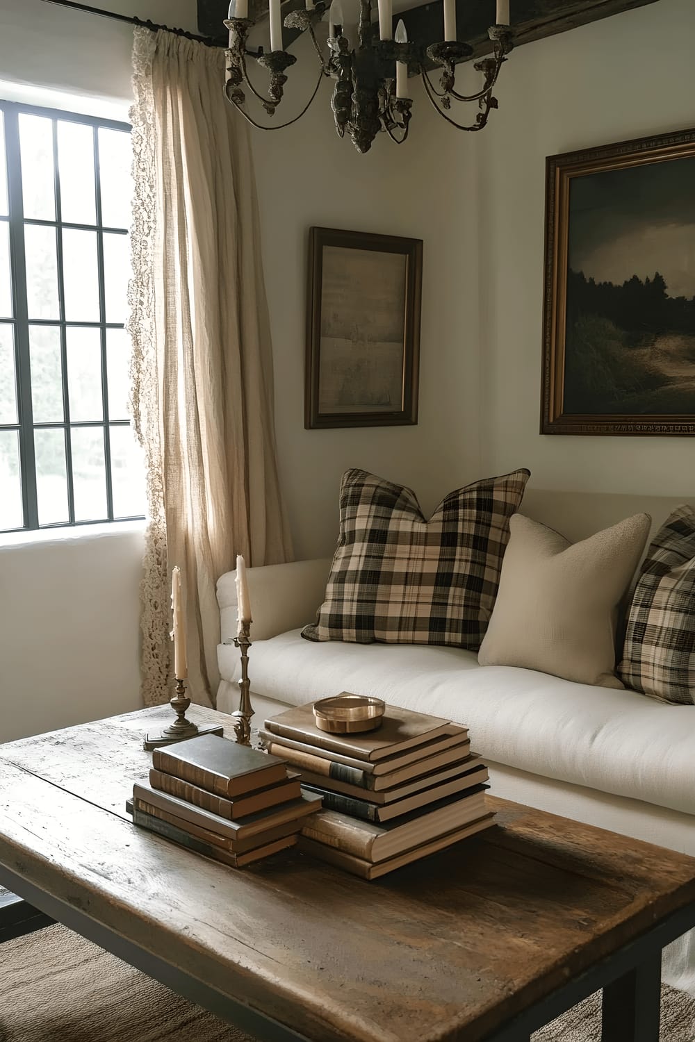 A quaint and humble living room bathed in natural light from a large window adorned with lace curtains. The main feature is a comfortable cream-colored sofa, complemented by tartan patterned pillows. Before the sofa, an antique wooden coffee table is arranged with a selection of well-thumbed vintage books and a solitary brass candle holder. The room is illuminated not only by the soft daylight but also by a rustic chandelier that brings warm ambient light from above.