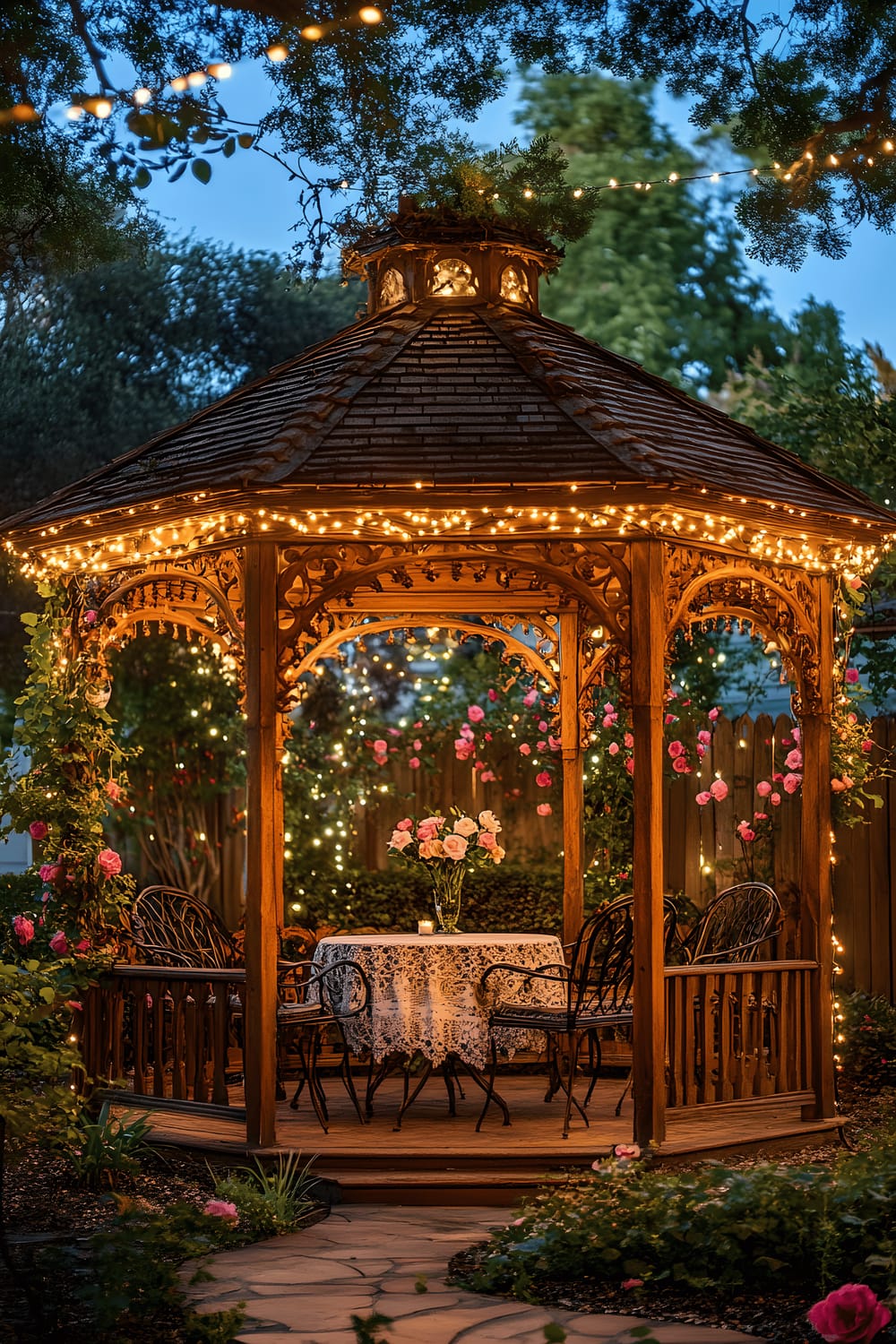 A painstakingly detailed Victorian-style gazebo adorned with climbing roses in full bloom. Inside the gazebo, there is a seating arrangement featuring antique wrought iron chairs and a small round table draped with a lace tablecloth. Fairy lights hang from the gazebo ceiling, scattered across the wooden panels, casting a soft, magical glow. The gazebo exudes a romantic ambiance.