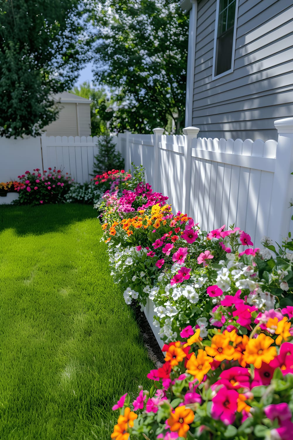 Top view of an idyllic backyard with a lush green lawn bordered by a white wooden fence, complemented by a floral bed featuring a mix of vibrant blooms under a bright and sunny sky.