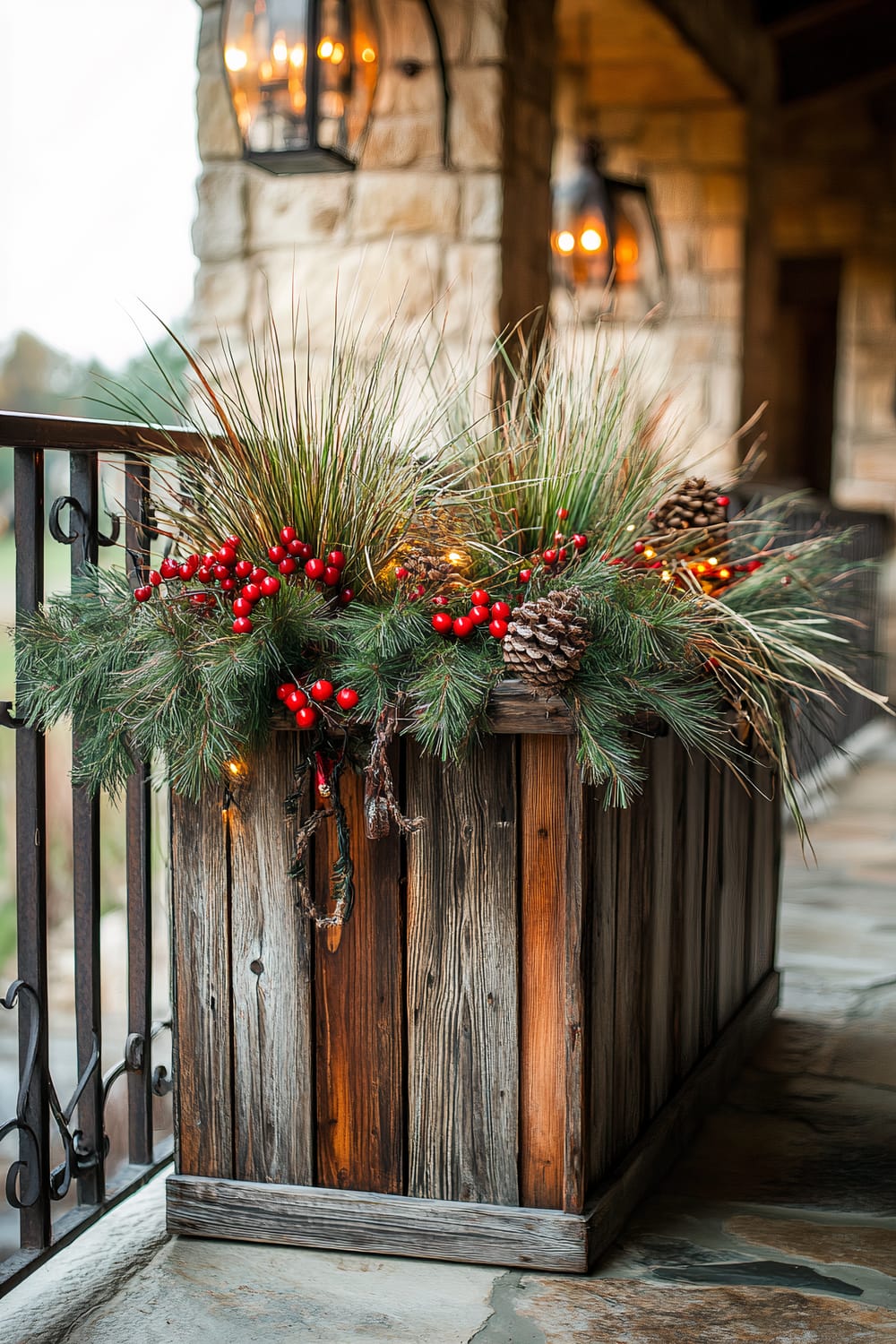 A rustic wooden planter on a porch, filled with ornamental grasses, bright red cranberries, and small pinecones. The planter is decorated with warm amber lantern lights, contrasting the soft green and red hues of the arrangement. The porch features stone flooring and wrought iron railings.