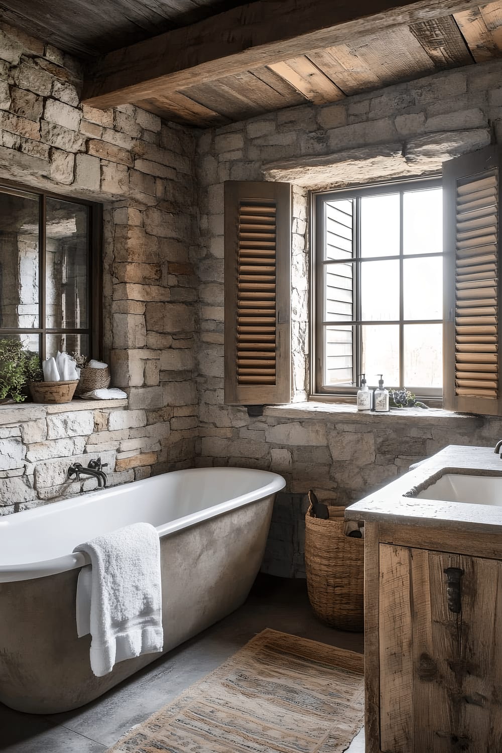 A rustic bathroom with exposed natural stone walls, a wooden vanity, and a large stone-topped sink. A freestanding cast iron bathtub sits under a window with wooden shutters. The color scheme is earthy, enhancing the natural textures of the stone and wood.