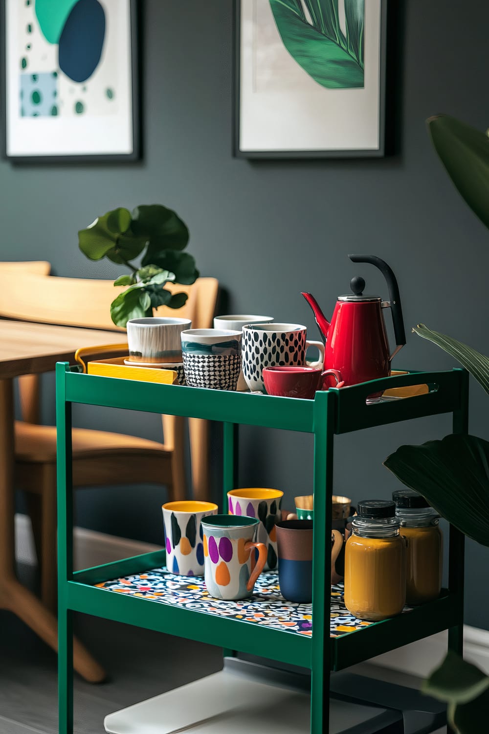 A chic coffee bar cart painted in bold emerald green, stocked with colorful coffee accessories such as vibrant cups, a sleek red kettle, and patterned trays. The cart is placed in a stylish dining area with light wood furniture and decorated with minimalistic artwork and a potted plant.