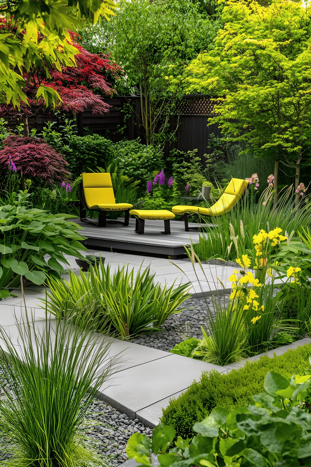 A quaint, calming small garden features a central firepit surrounded by a semicircle of wooden log seats. It showcases a lush, green lawn bordered by a wide flower bed bursting with vibrant blooms of yellow, red, and purple. The sky above is a bright azure speckled lightly with fluffy, white clouds. A narrow footpath leads from the garden gate, curving gently to converge at the firepit.