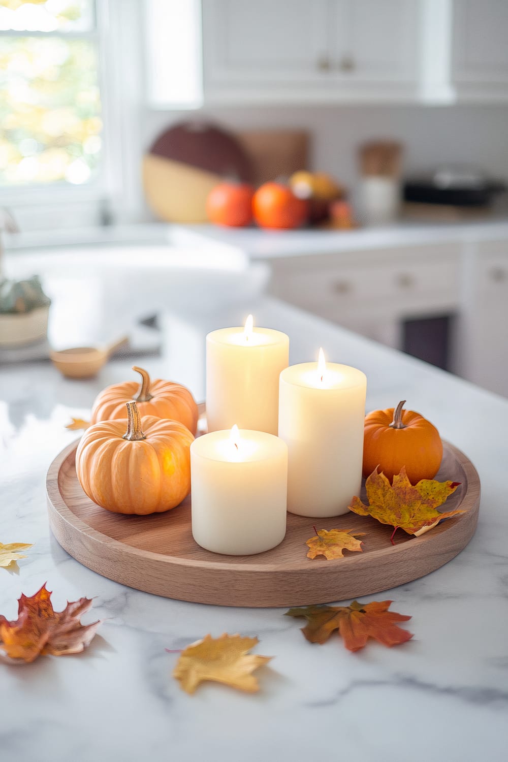 A round wooden tray on a marble countertop, featuring three white pillar candles and three small orange pumpkins. The candles are lit, casting a warm glow. Autumn leaves are scattered around the tray, accentuating the fall theme. In the background, several pumpkins and other decorative items are blurred, creating a soft focus on the foreground arrangement.