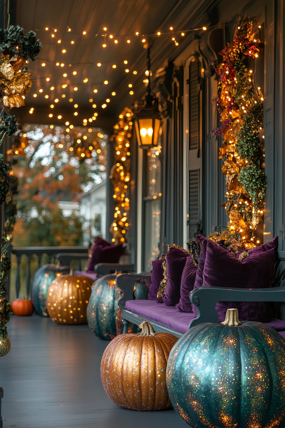 An elegantly decorated porch with a festive Halloween theme. The porch is adorned with sparkly teal and golden pumpkins, deep purple velvet cushions on a bench, intertwined with golden and green garlands illuminated by warm amber fairy lights. A charming lantern hangs by the entrance, casting a soft glow.