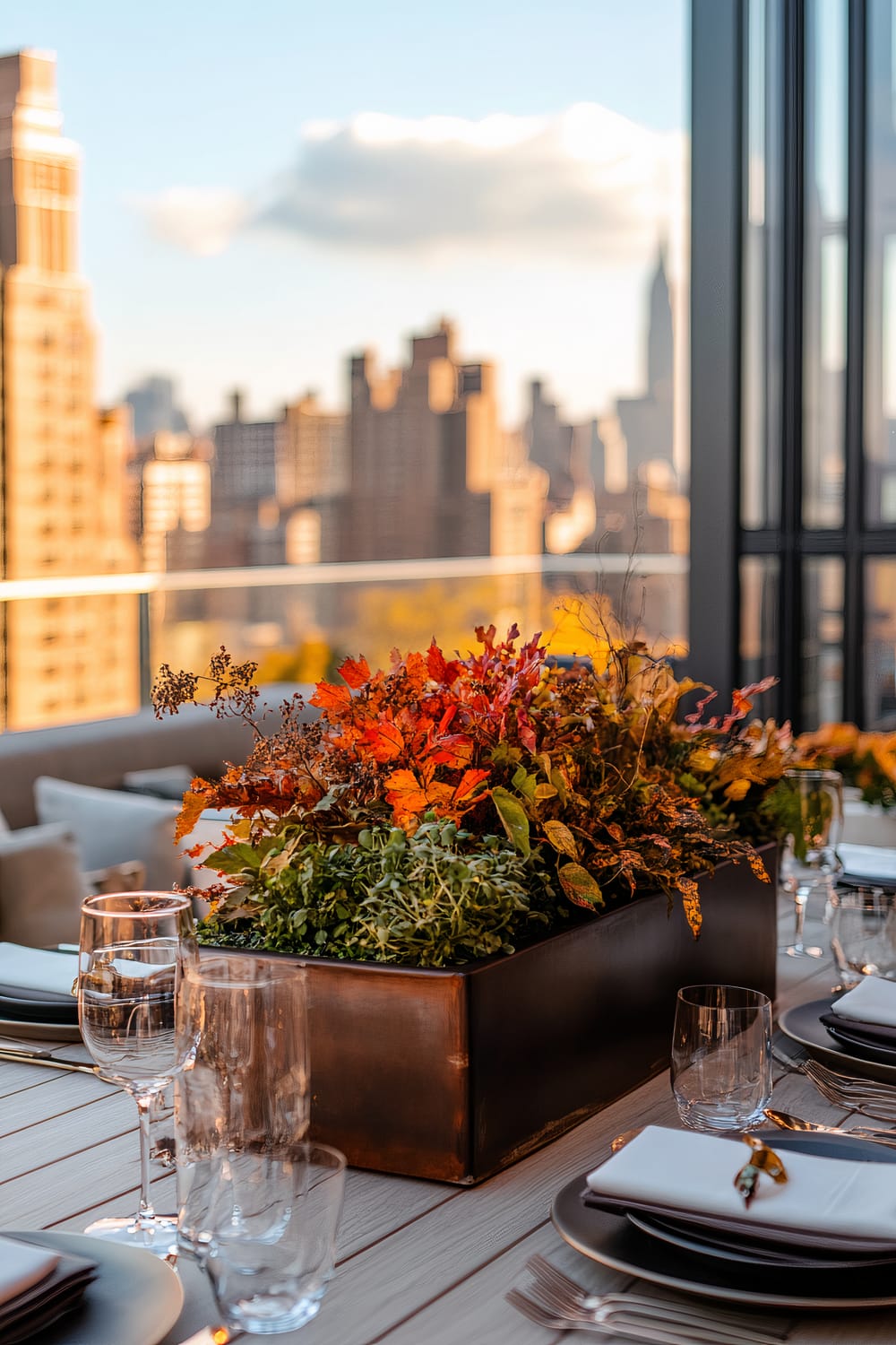 This image features an elegant outdoor dining table set on a terrace with a breathtaking view of a cityscape in the background. The table is adorned with a rectangular planter box filled with lush, autumnal foliage in vibrant shades of red, orange, and green. The table setting includes clear glassware, silver cutlery, and dark plates with neatly folded white napkins topped with small leafy garnishes. The buildings in the background are bathed in the warm, golden light of the setting sun, adding a serene ambiance to the scene.