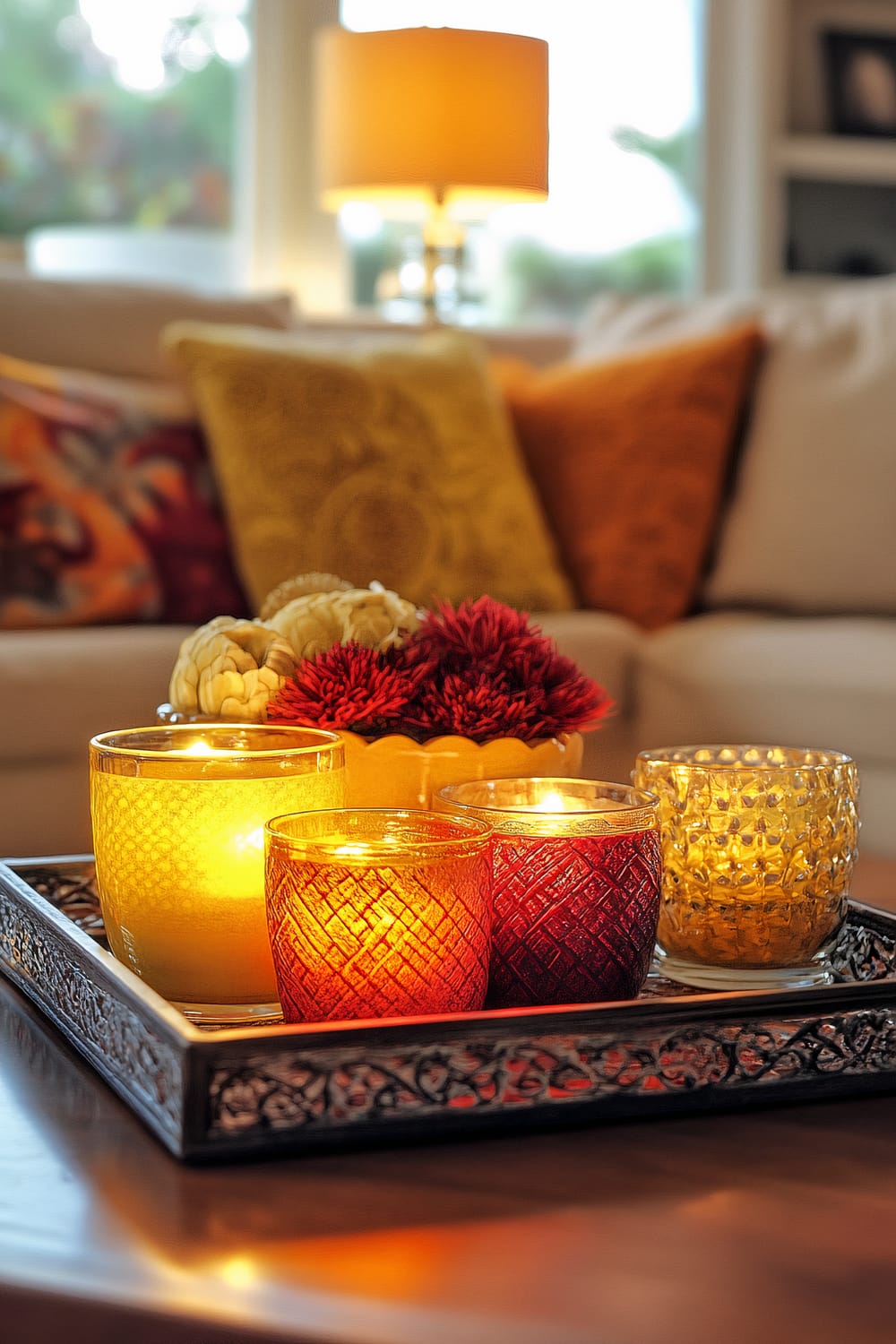 A warmly lit living room with a wooden coffee table on which sits an ornate tray holding four glowing candles in textured glass holders. The candles create a soft, inviting glow. Behind the table, a couch is adorned with bold, patterned pillows in warm hues. A lit lamp is visible in the background, casting a gentle light over the room.