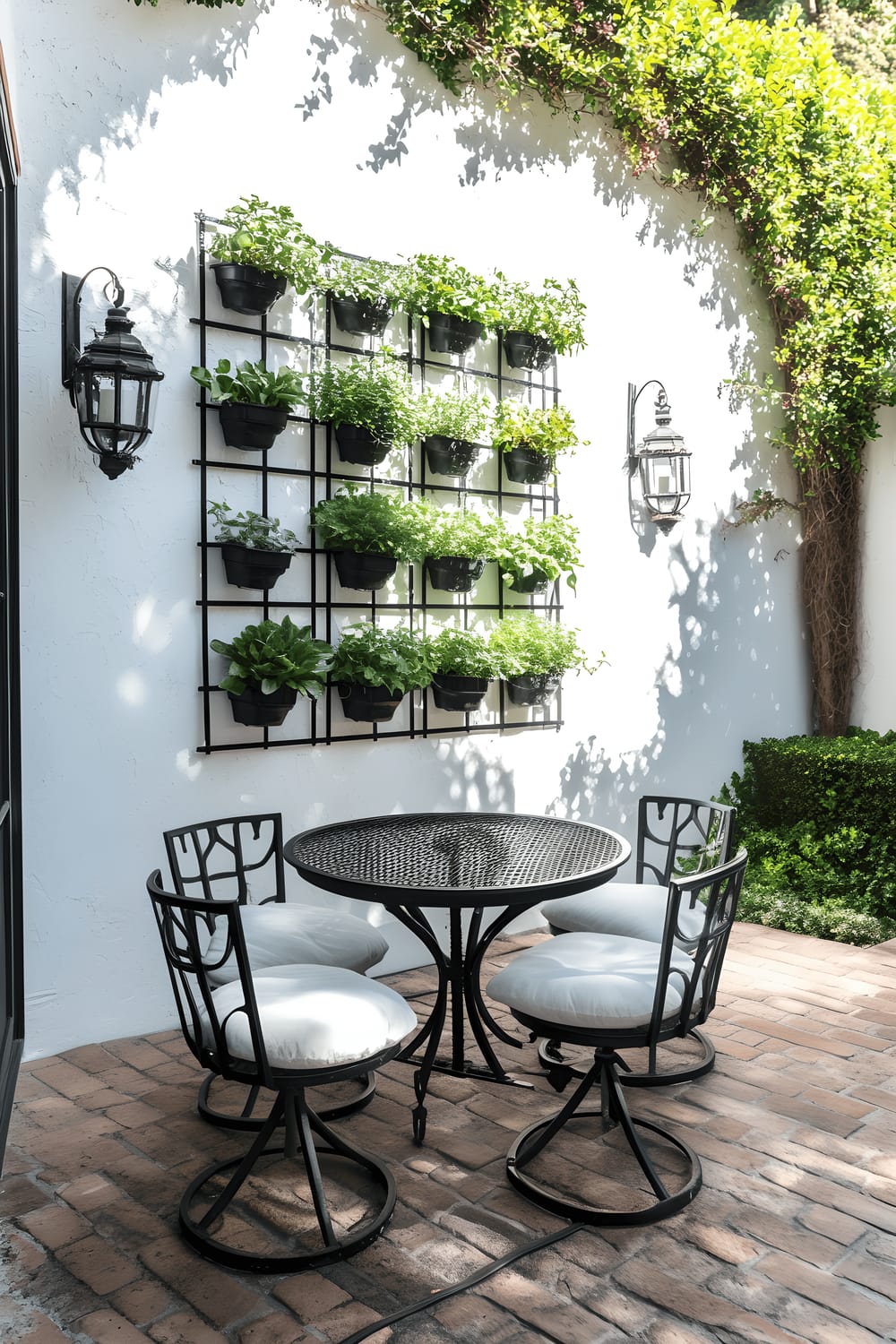 A cozy and modern outdoor patio consisting of a neatly arranged vertical herb garden (basil, mint, and rosemary). It is mounted on a white wall, with a round black wrought-iron table and matching chairs placed on a brick-paved floor.