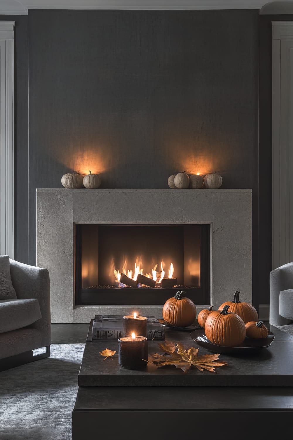 A modern living room features a prominent fireplace with a stone surround, burning with a bright orange and yellow flame. Above the mantel are beige pumpkins flanked by small, warm wall lights that create an inviting glow. In front of the fireplace, a coffee table is adorned with more pumpkins, black candles, and autumn leaves, enhancing the seasonal decor. On either side of the fireplace, there are gray upholstered chairs, and the room is grounded by a neutral-toned area rug.