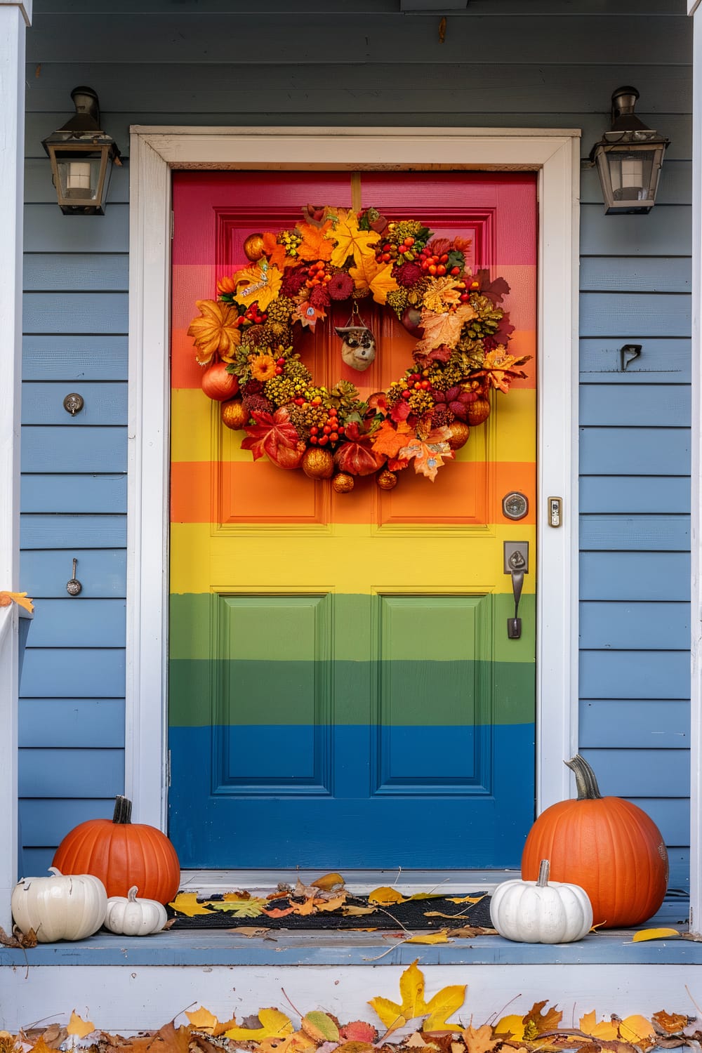 A front door painted in a vibrant rainbow pattern, decorated with a fall wreath made of autumn leaves and fruits. The house has blue siding and is flanked by two lantern-style lights. The porch steps are adorned with pumpkins in orange and white, and the ground is sprinkled with colorful fallen leaves.