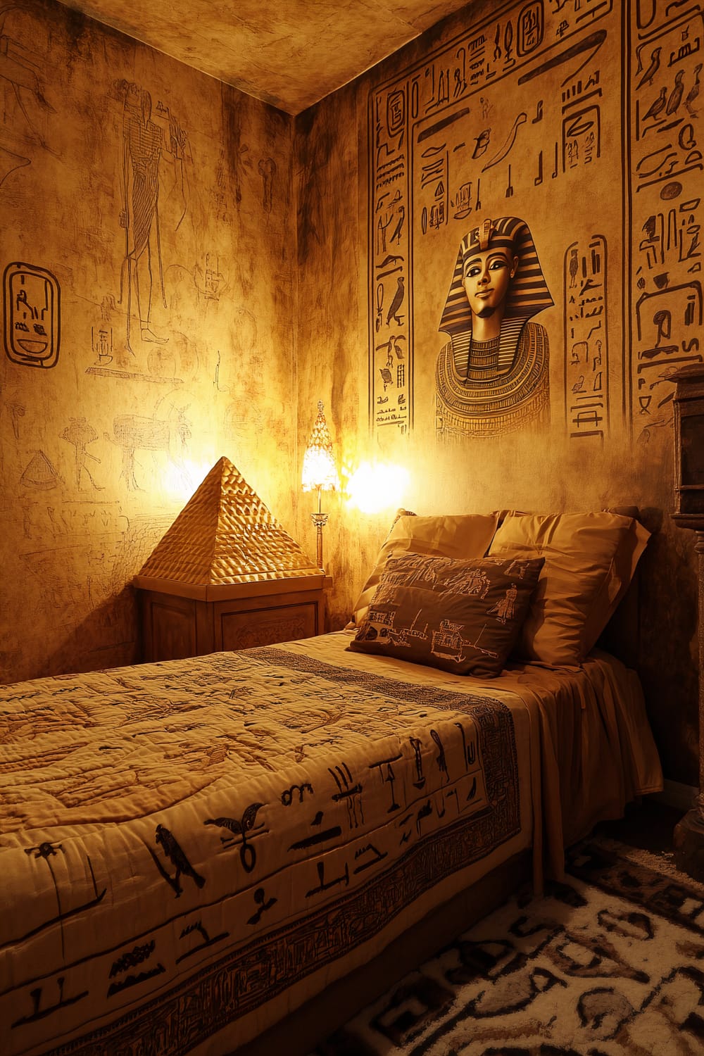 An intricately designed bedroom themed around ancient Egypt. The walls feature detailed hieroglyphics and a large depiction of a pharaoh. The bed is adorned with bedding that also incorporates hieroglyphic patterns. A pyramid-shaped light fixture sits atop a bedside table, casting a warm glow in the room.