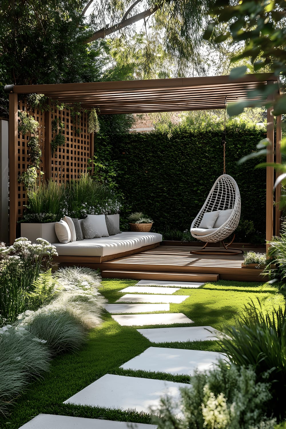 A lush green garden with stepping stones embedded in the lawn leading to a small ptio set surrounded by a variety of plants and trees.