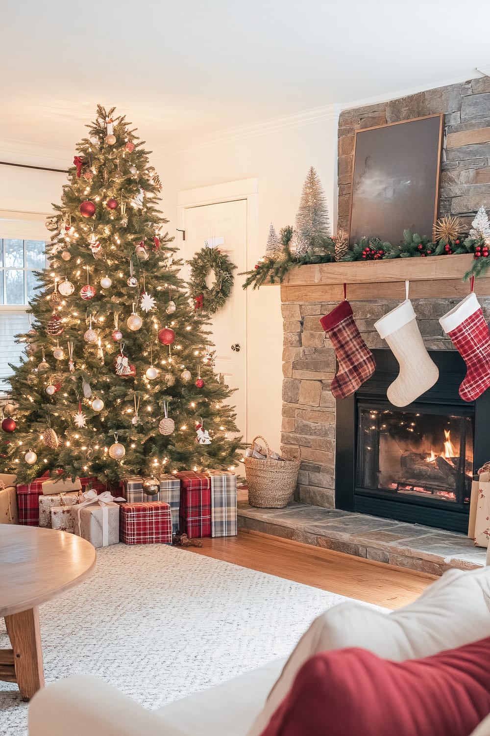 A warmly lit Christmas living room featuring a decorated Christmas tree with lights and ornaments standing next to a stone fireplace. The fireplace mantle is adorned with greenery, pinecones, small Christmas trees, and three hanging stockings. There are numerous wrapped gifts in festive paper beneath the tree. A cozy cream-colored couch with red pillows is partially visible in the foreground, and a wooden coffee table is in view. A wreath hangs on a closed door.