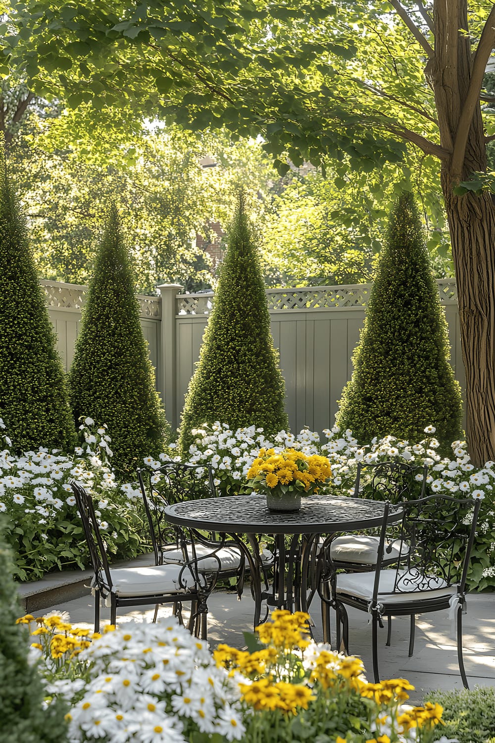 An intimate urban garden features a round black metal dining table surrounded by matching chairs. The setting is nestled among vibrant white and yellow flowers, tall topiary plants, and light gray wooden fencing. The area is subtly lit with natural sunlight filtering through overhanging greenery.