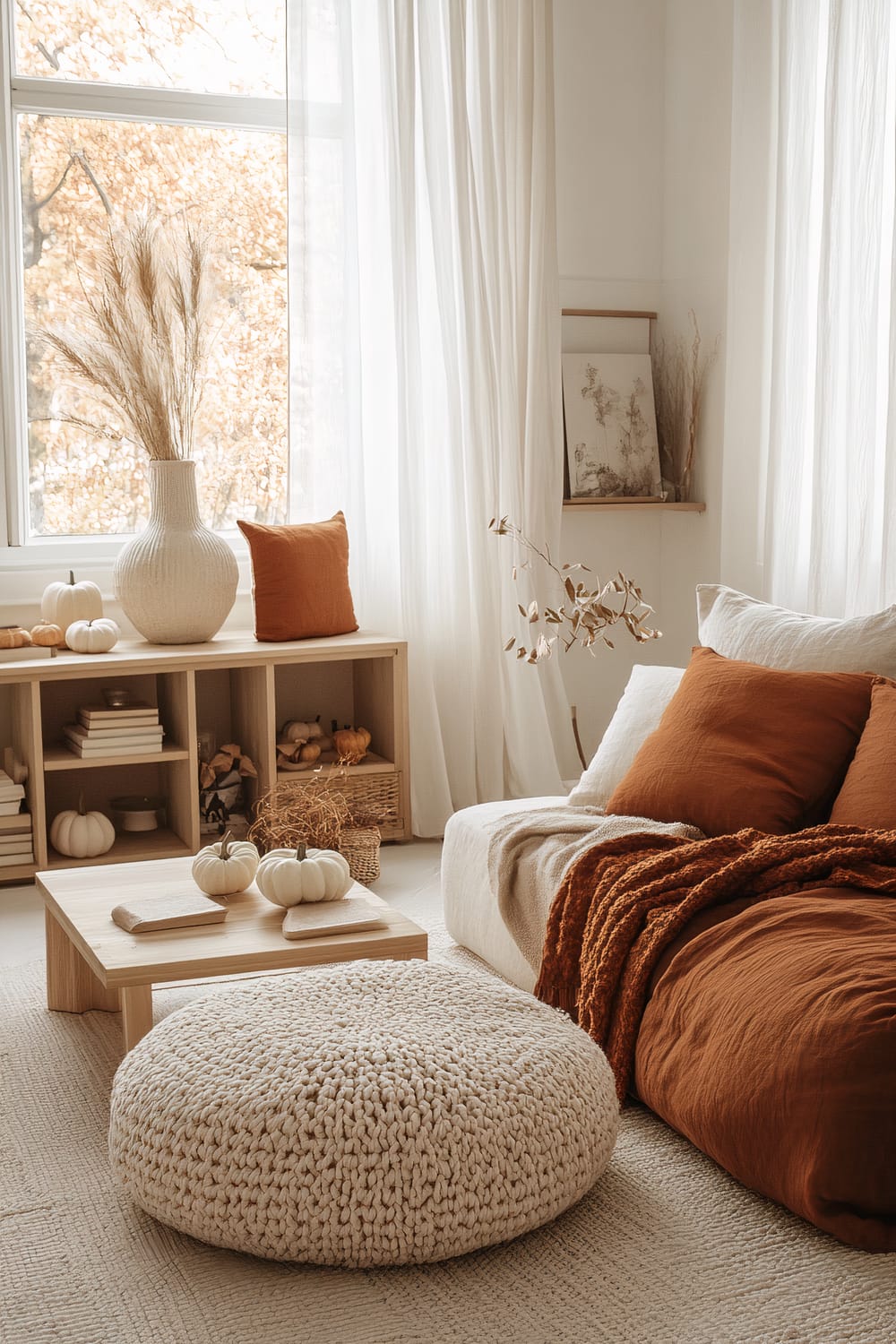 A serene living space featuring a large window with sheer white curtains that allow soft, natural light to filter through. The room is elegantly decorated with earthy tones, featuring a comfortable sofa adorned with rust-colored cushions and a matching throw blanket. A light wooden coffee table is placed in front of the sofa, with small white pumpkins and a few books as decor. A large, knitted ottoman in a neutral color sits on a textured rug beside the table. A shelving unit under the window holds books and decorative items, including more small pumpkins. Dried botanical arrangements in vases and artwork on a small wall shelf add a natural, autumnal touch to the room.