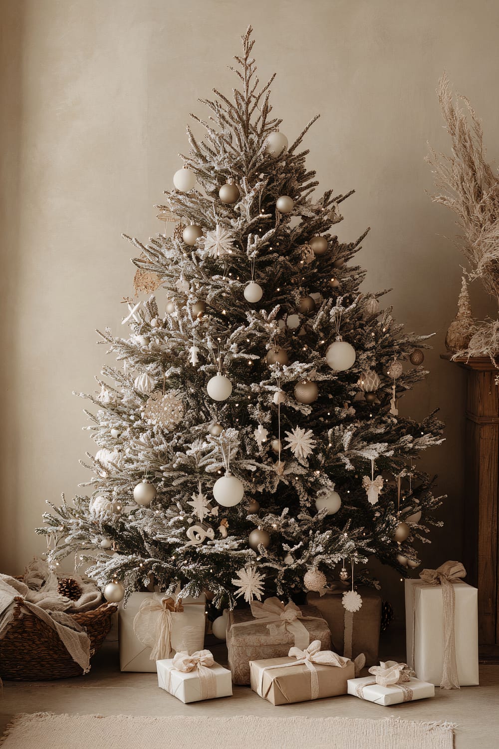 A minimalist Christmas tree adorned with white and cream ornaments, natural wood garlands, and soft fairy lights, set against a softly lit, textured neutral backdrop. There are wrapped presents in neutral-colored paper with ribbon bows under the tree.