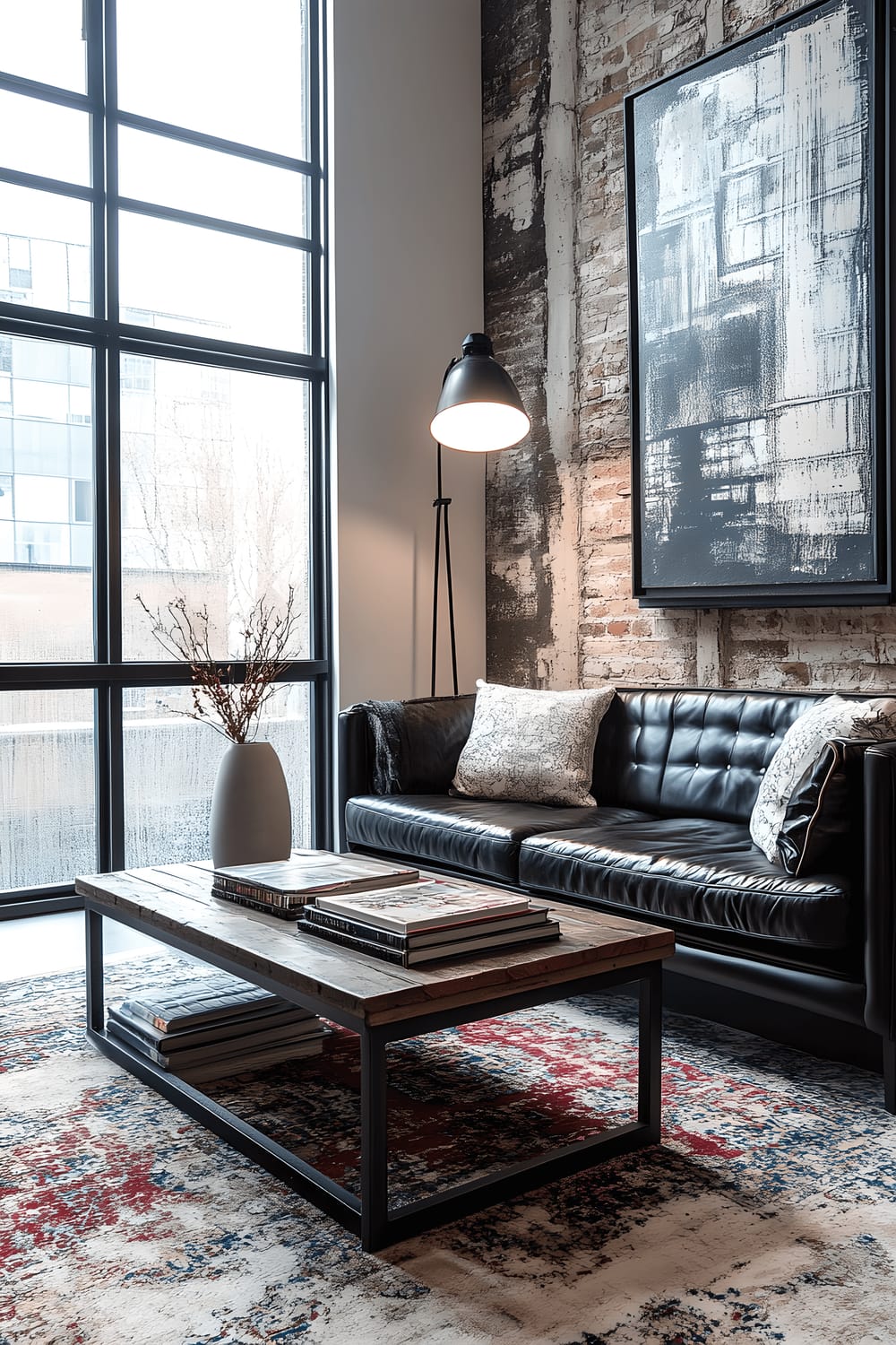 A trendy Berlin-inspired small living room with industrial elements featuring a black leather loveseat, a reclaimed wood and metal coffee table with art books and a ceramic vase on it. Natural light illuminates the room through large, black-framed industrial windows while a metal floor lamp stands on one side. The monochromatic color scheme is mostly composed of blacks and grays with splashes of red for contrast.