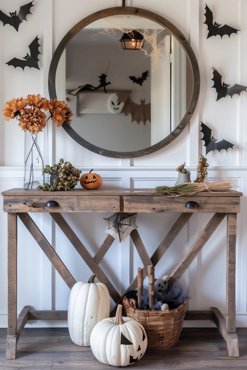 A rustic Halloween-themed interior decor setup. A circular wooden mirror reflects part of the wall adorned with black bat cut-outs and a small ghost decoration. Below the mirror, a wooden console table displays a small jack-o'-lantern, a bouquet of dried orange flowers, and autumnal foliage. Underneath the table, two white pumpkins and a wicker basket filled with faux bats, straw, and small logs are visible. Cobwebs and more bat cut-outs complete the festive look.