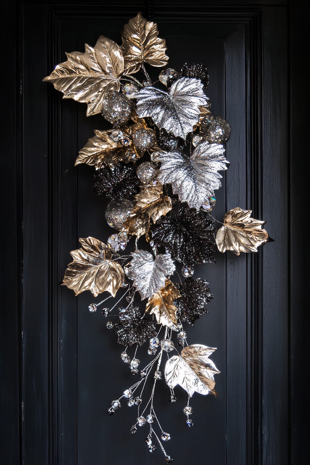 A decorative arrangement of metallic leaves in silver and gold hangs against a black door. The leaves are arranged with a cascading design, featuring sparkling elements and reflective spheres that catch the light, adding to the festive and elegant appearance.