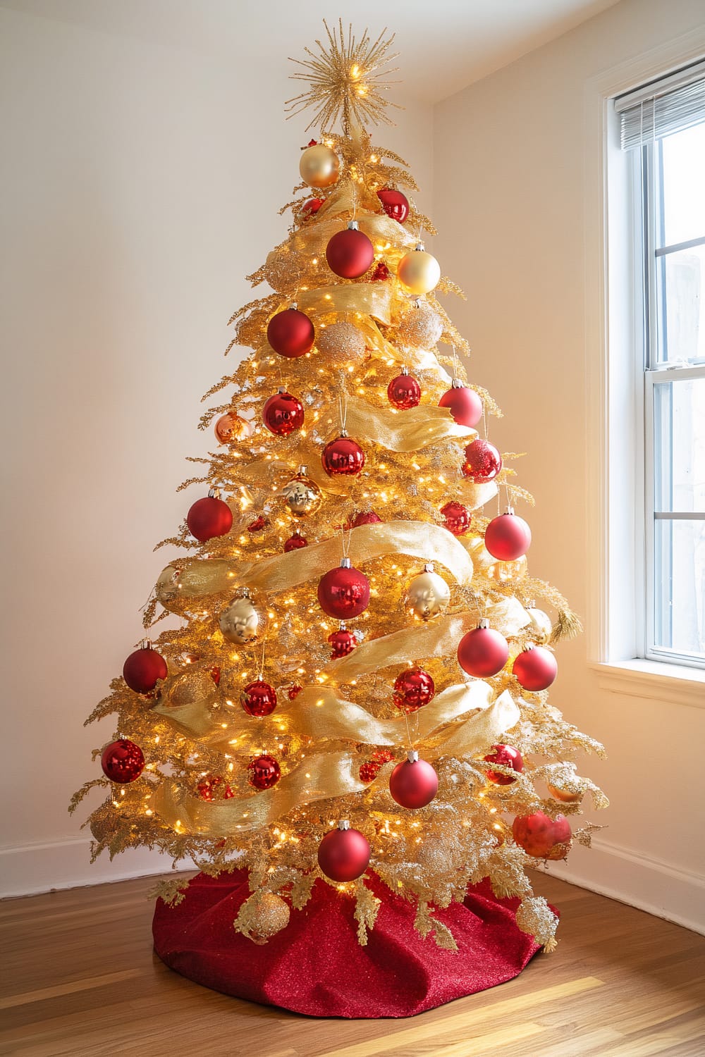 A golden Christmas tree adorned with shimmering gold ribbons and red and gold ornaments. The tree is topped with a golden starburst and has glowing white lights. It stands on a red cloth base in a room with a wooden floor and a window on the right side.