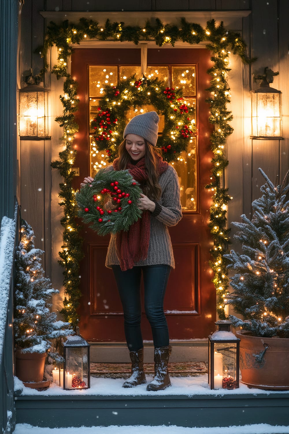 A woman stands on a snow-covered porch, hanging a wreath of red berries and pinecones on a door framed by garlands with glowing lights. She is dressed in a cozy sweater, scarf, and woolen hat. Potted evergreen trees adorned with twinkling lights sit on either side of the door, and lanterns with candles are on the steps. Snow is gently falling, creating a festive Christmas atmosphere.