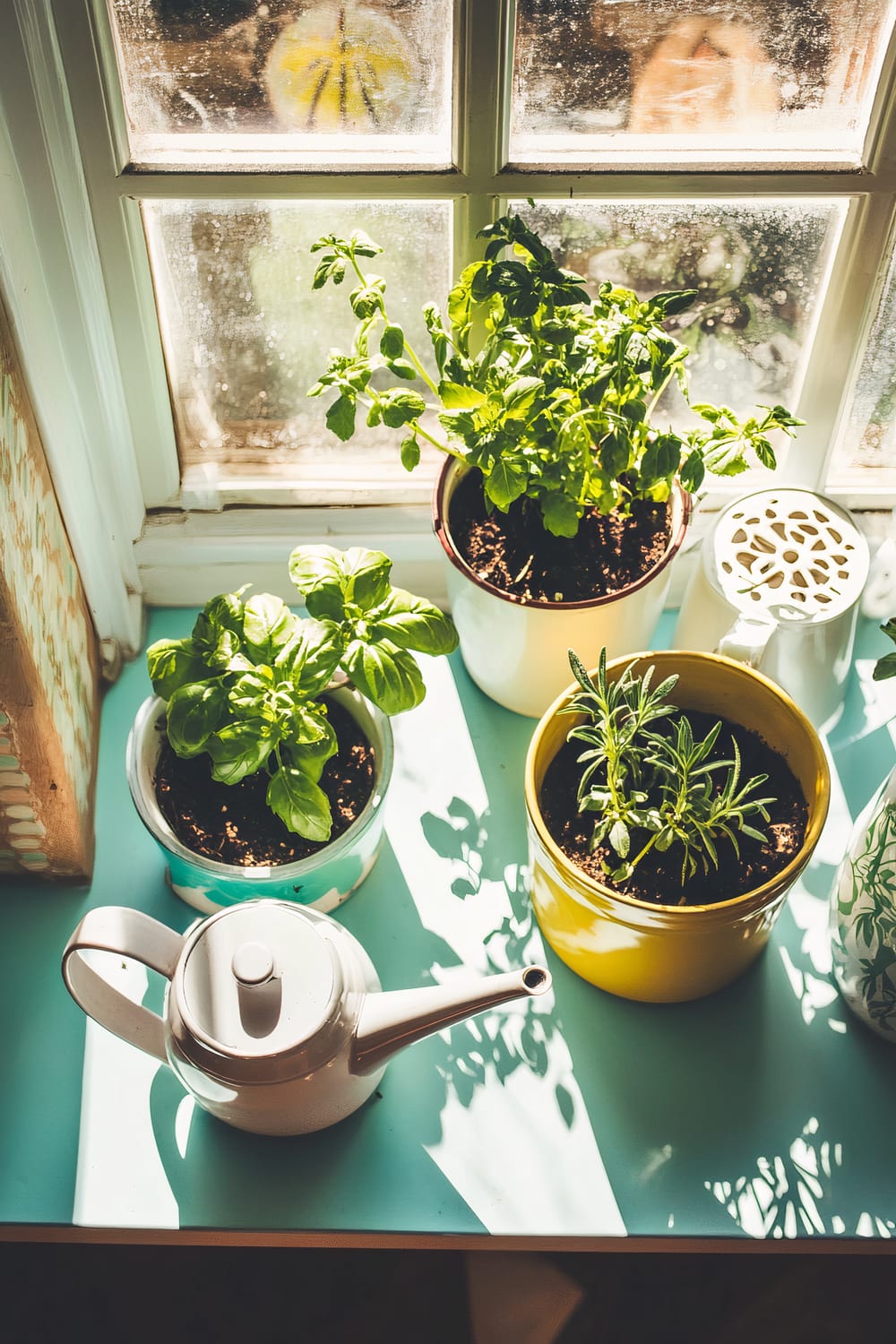 A top-down view of a retro kitchen windowsill featuring a small herb garden. The sill hosts three potted herbs: basil, rosemary, and mint. The herbs are planted in pastel-colored pots, which add a fresh pop of color to the scene. A white ceramic watering can is placed beside the pots. Bright sunlight streams through the window, illuminating the green foliage and enhancing the vibrant colors.