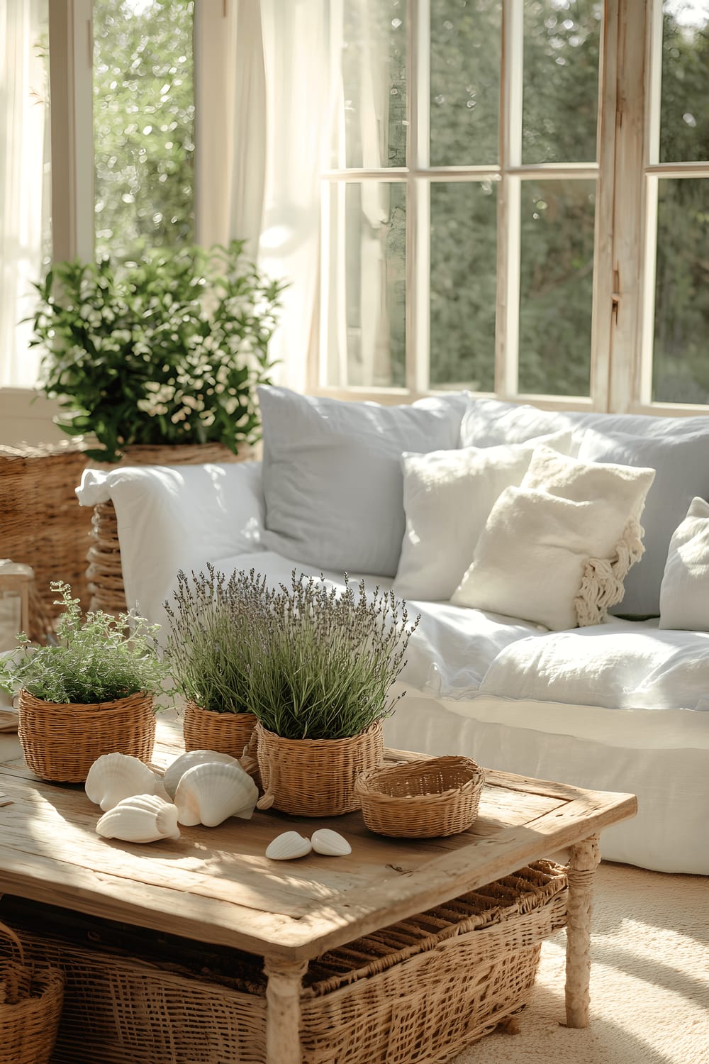 A bright living room inspired by the Mediterranean seaside, featuring expansive windows with ocean views, a comfortable white and light blue linen sofa, a driftwood coffee table, and wicker furniture accents. On the room, you can spot various nautical elements such as a rope-wrapped mirror and seashell décor along with potted lavender and rosemary plants that add a touch of nature.