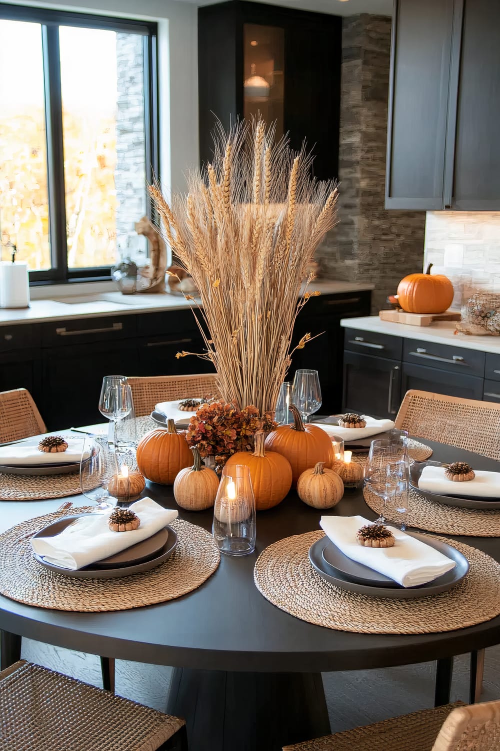 A dining table decorated with a fall harvest theme. The table features a tall centerpiece made of wheat stalks, surrounded by small pumpkins in various sizes and colors. Each place setting includes a woven placemat, a gray plate, a white napkin, and glassware. Small pine cone embellishments are placed on top of the napkins. The background shows a kitchen with dark cabinets, a stone backsplash, and additional pumpkins as decor.