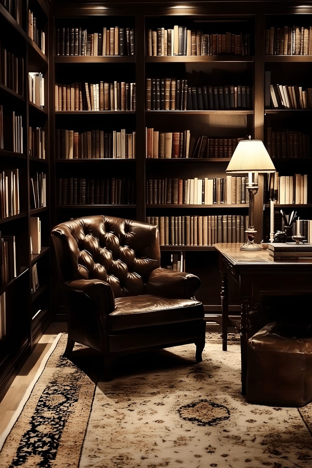 An elegant home library with dark walnut bookshelves filled with numerous books. The room features a stately, tufted leather armchair, a vintage wooden desk, and a stylish table lamp that casts warm, ambient lighting over the room.