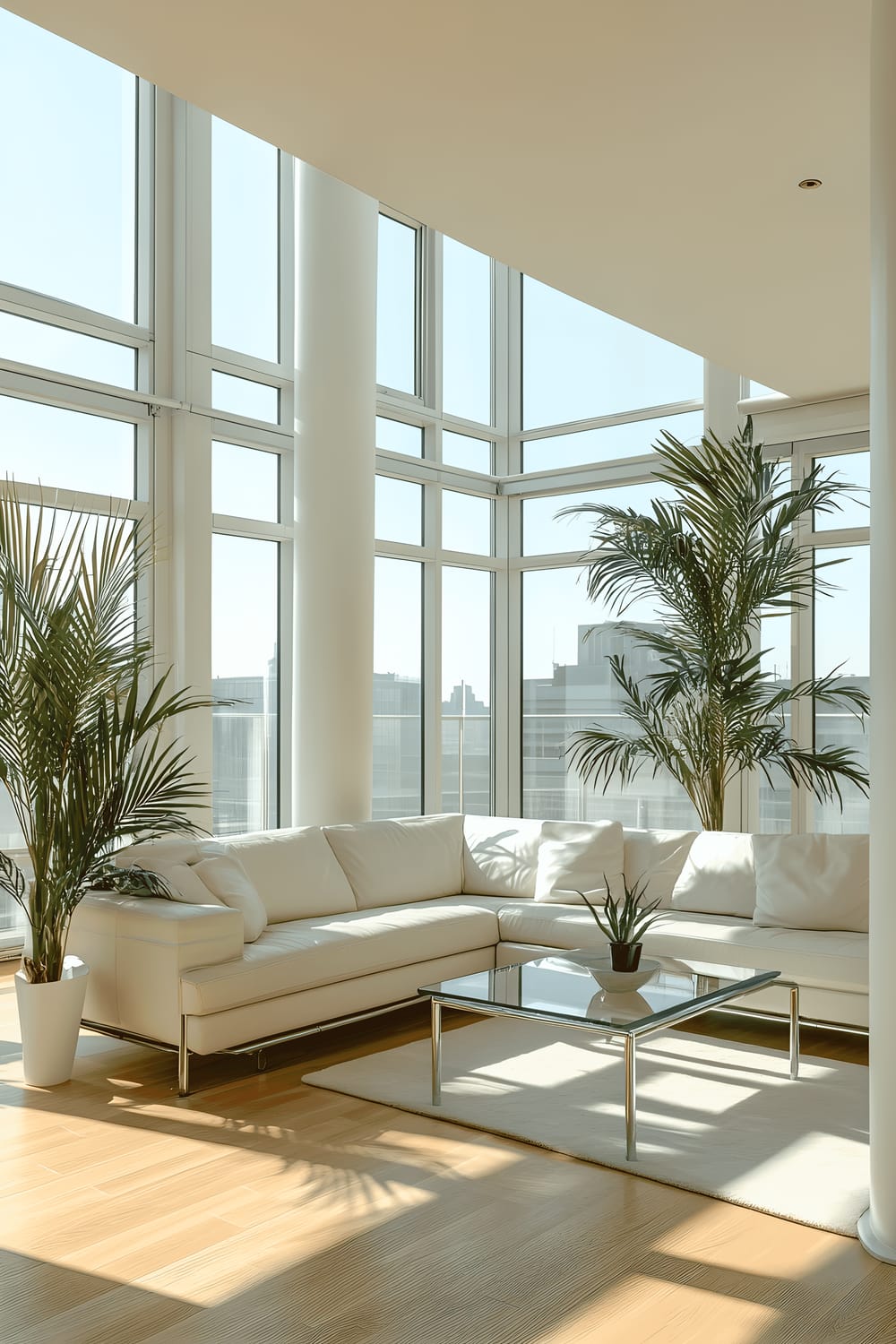 A bright, minimalist corner living room featuring floor-to-ceiling windows on two adjacent walls, drenching the space in natural light. A sleek leather sofa is elegantly arranged with a glass-top coffee table nearby. A large, lush Areca palm is positioned in the corner, acting as a soft contrast to the room's modern look.