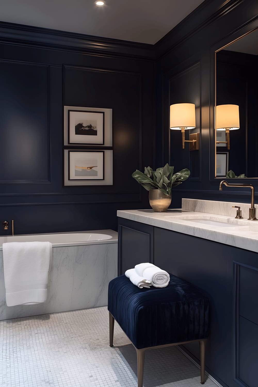 A luxurious bathroom featuring a freestanding bathtub, sleek marble countertops, a plush navy velvet stool, and soft upholstered towels. The room is lit by warm, ambient lighting from elegant sconces. The color palette includes deep navy and gold accents, giving the room a rich, sophisticated atmosphere.