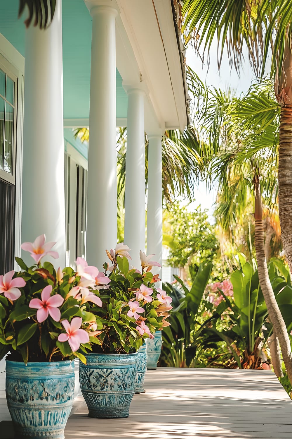 A charming coastal home in Florida with a spacious, sunlit front porch, adorned with vibrant, pastel-colored plumeria plants in decorative ceramic containers. Tall, slender palm trees frame the house, accentuating the tropical elegance. Bright morning sunlight enhances the soft pastel hues of the plumeria, and the vibrant green of the palm fronds.