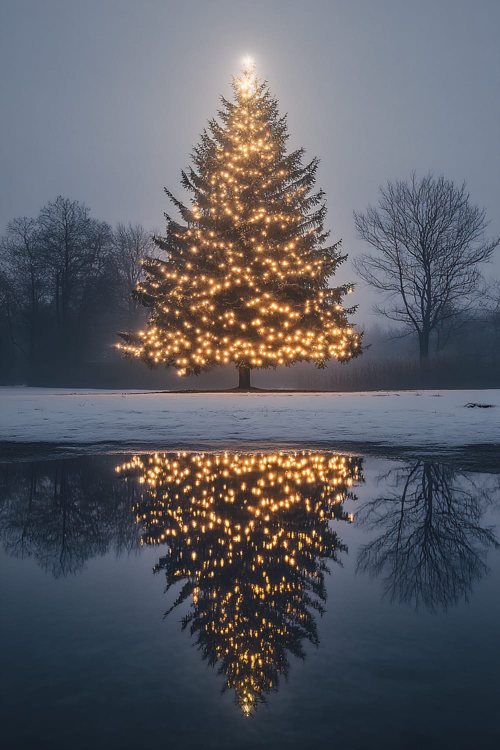 A majestic Christmas tree adorned with warm, glowing lights stands in a snowy landscape. The soft illumination creates a serene atmosphere, and the tree is perfectly reflected in a calm body of water in the foreground. Bare trees in the background add to the tranquil and peaceful winter scene.