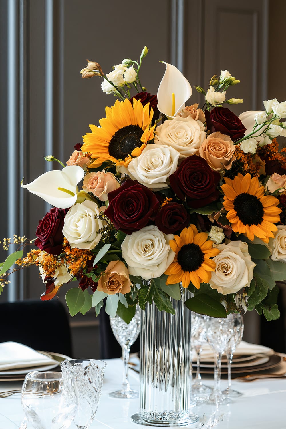 A floral arrangement in a ribbed glass vase, featuring sunflowers, calla lilies, white, cream, peach, and dark red roses, arranged on a table set with glassware and plates.