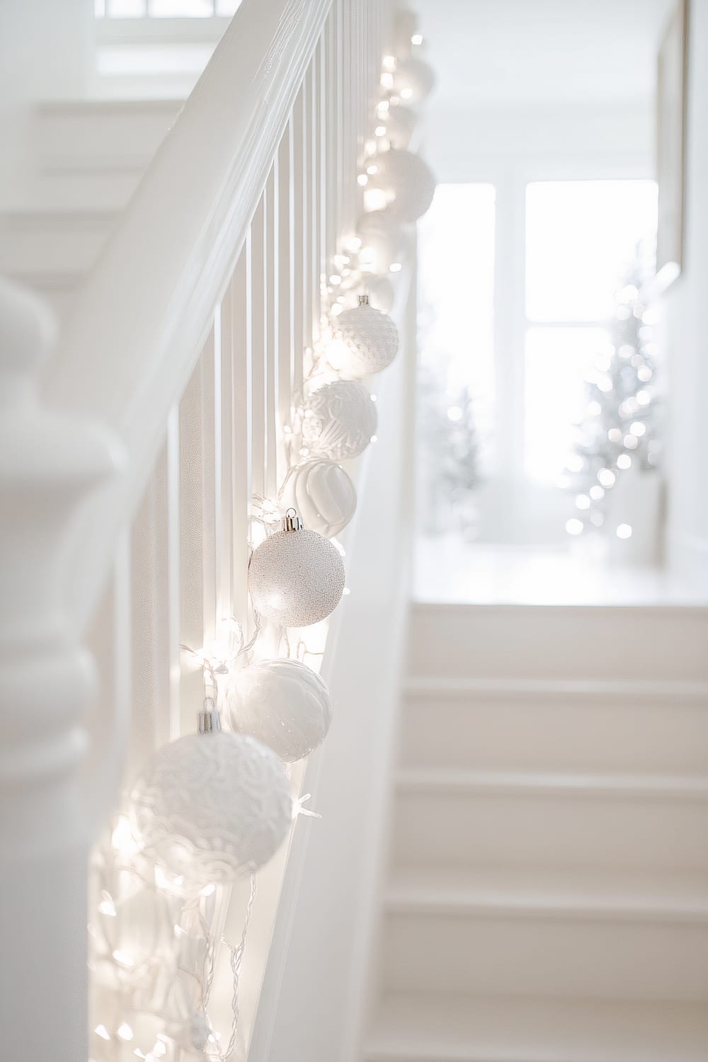 A bright white hallway with a staircase decorated with a string of twinkle lights and white ceramic ornaments. The staircase features white railings, and in the background, two small, twinkling Christmas trees are visible near a large window, giving the space a festive and airy feel.