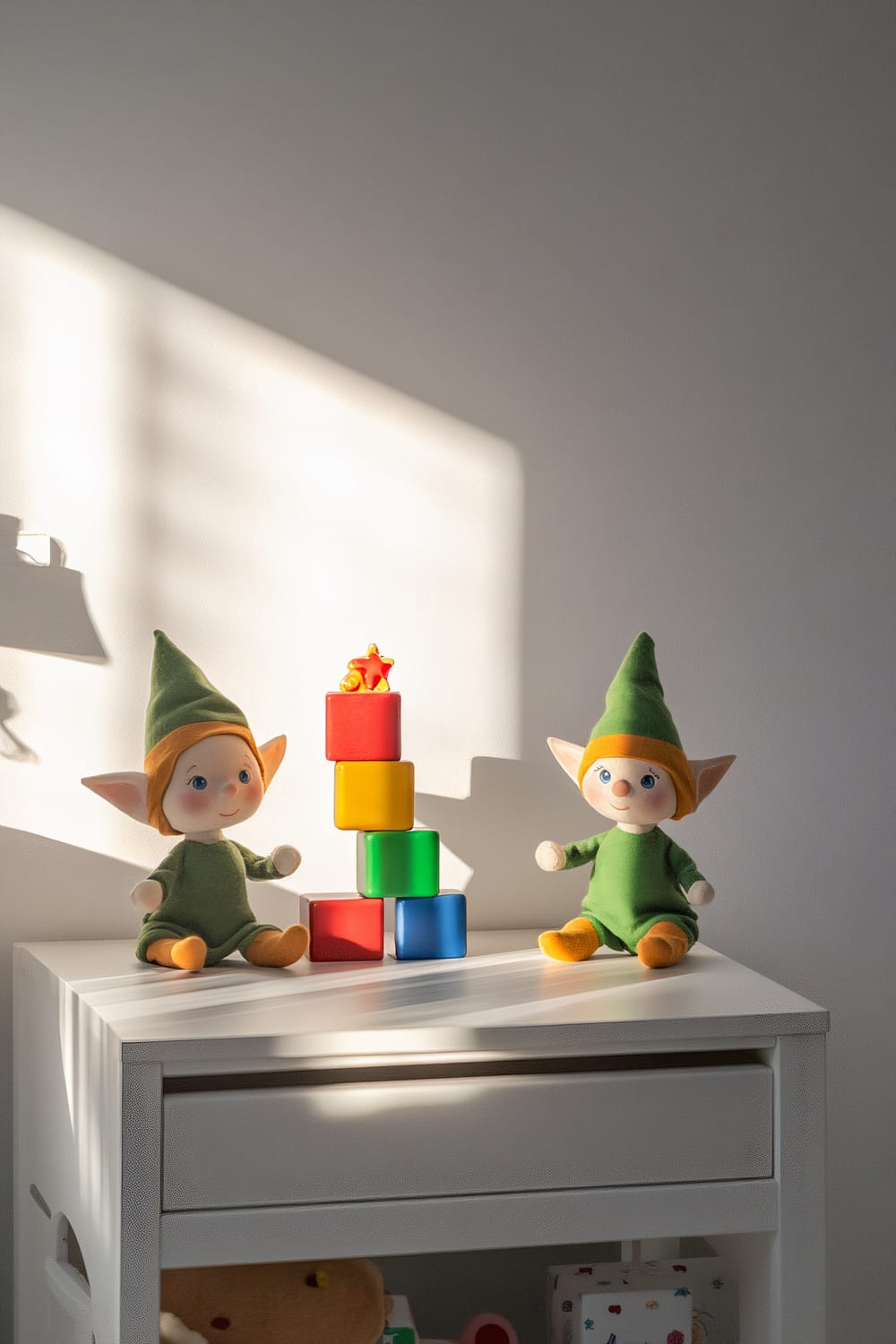 Two elf dolls dressed in green outfits with pointed hats sit on a white play table. They are positioned on either side of a tower made of colorful blocks, arranged in red, yellow, green, and blue. The scene is set against a plain white wall, with soft light creating shadows on the wall and surface. Below the table, some toys and books are partially visible.