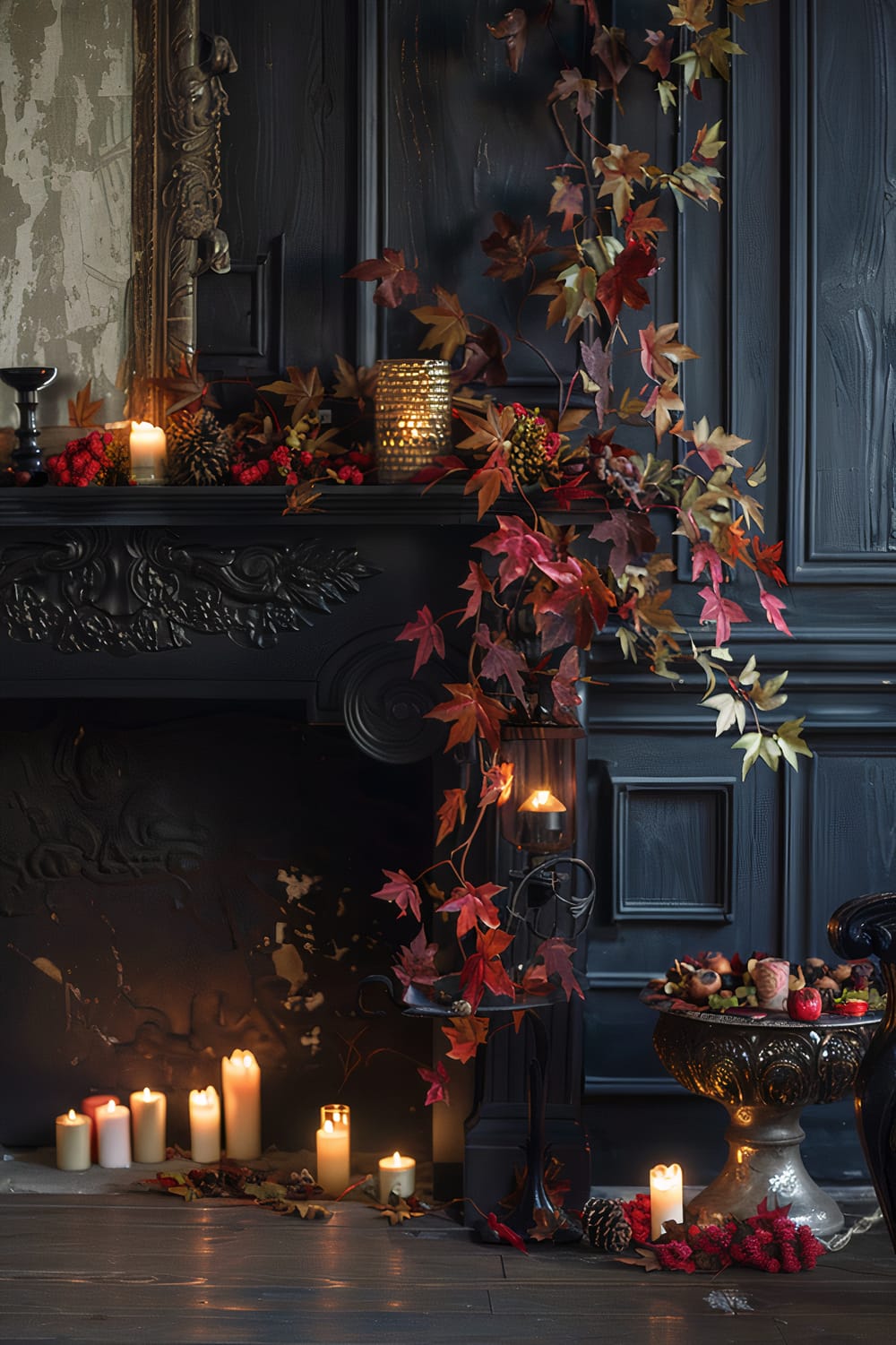 An elegant dark-themed fireplace decorated for autumn with numerous candles, pinecones, and dried berries. A garland of vibrant autumn leaves drapes over the mantel and cascades down the sides. The setting creates a warm and inviting atmosphere with soft candlelight illuminating the intricately carved woodwork of the fireplace surround.