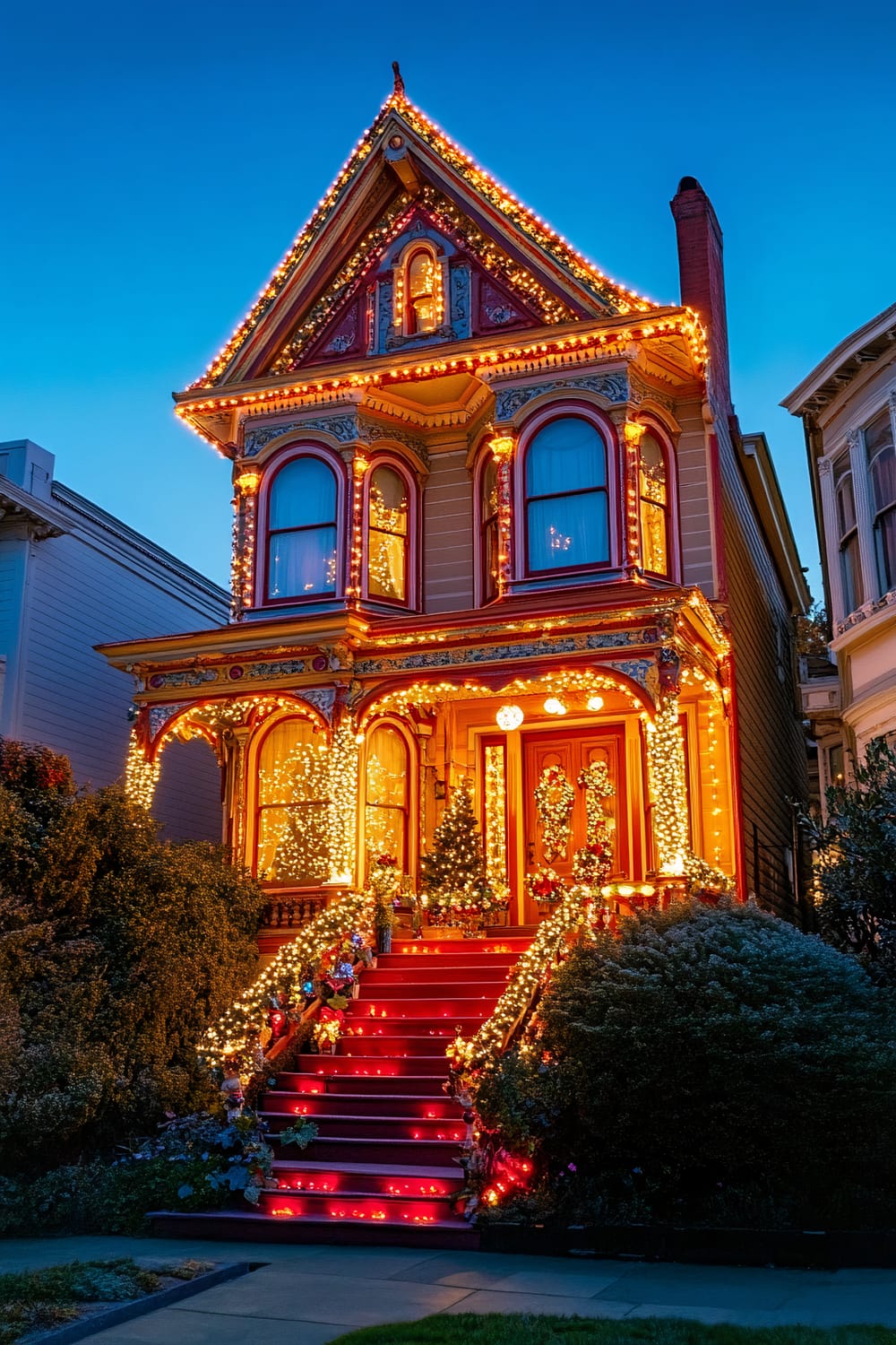 An elegant Victorian home, part of San Francisco’s iconic Painted Ladies, is vividly decorated with vibrant red and gold Christmas lights. The lights illuminate the house against a dusky blue evening sky, casting a warm glow on the surrounding gardens. The front steps leading to the entrance are adorned with red lights, creating a festive and welcoming pathway.