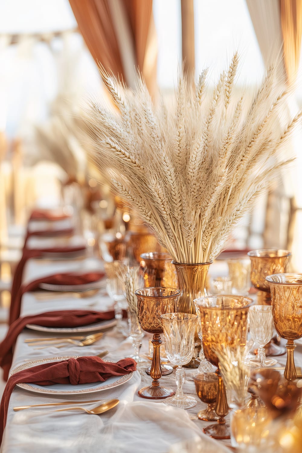 An elegantly set table decorated with amber glassware, golden cutlery, and white plates with rust-colored napkins. The centerpiece consists of golden dried wheat arranged in vases, evoking an autumnal theme. Soft natural light filters through draped fabric, casting a warm glow over the setup.