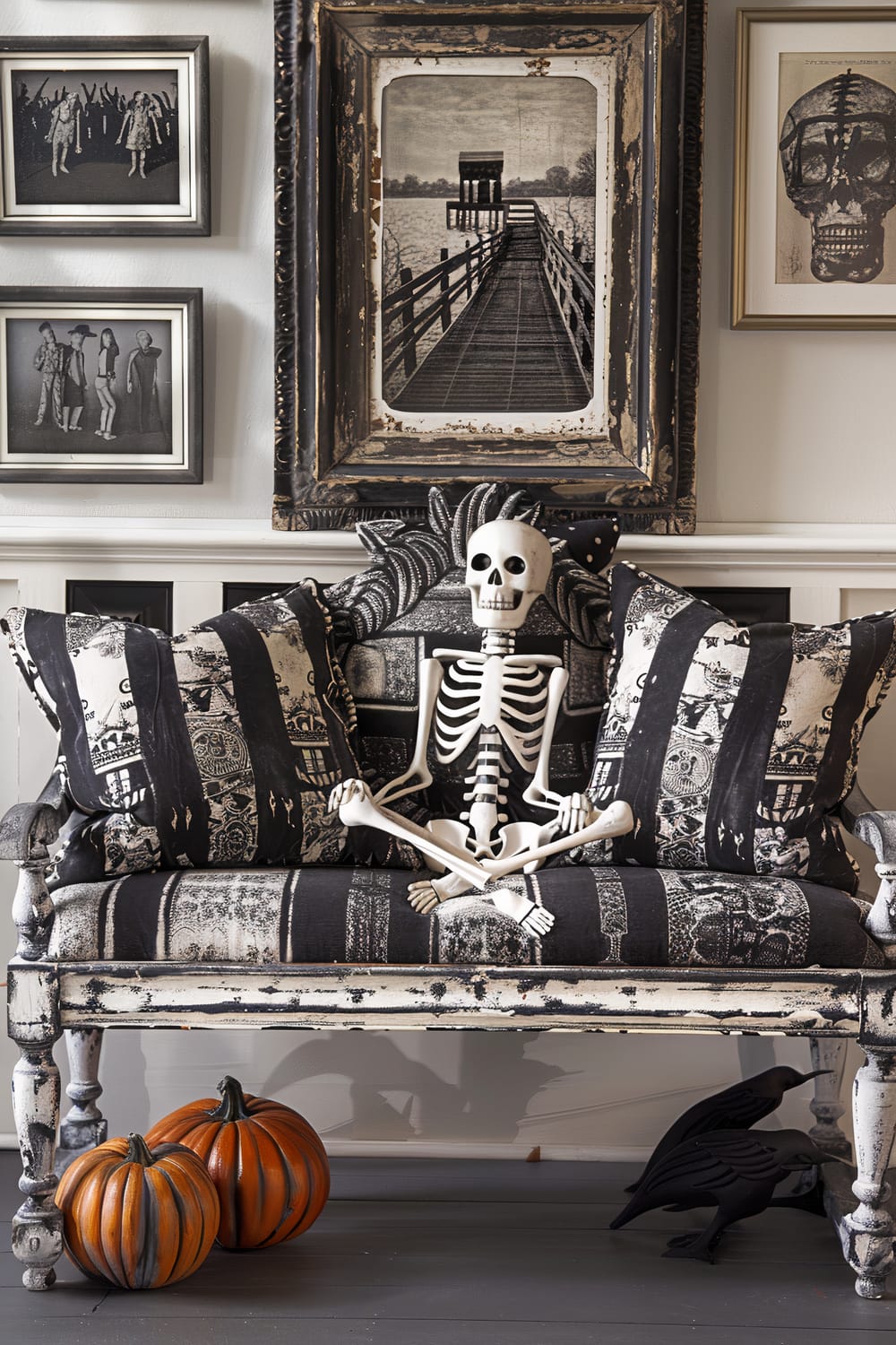 A Halloween-themed arrangement featuring a skeleton sitting on an ornate wooden bench with black and white patterned upholstery. The bench is adorned with matching cushions. On the floor, there are two pumpkins and three black crows. Above the bench, the wall is decorated with vintage-style black and white photographs in distressed frames.