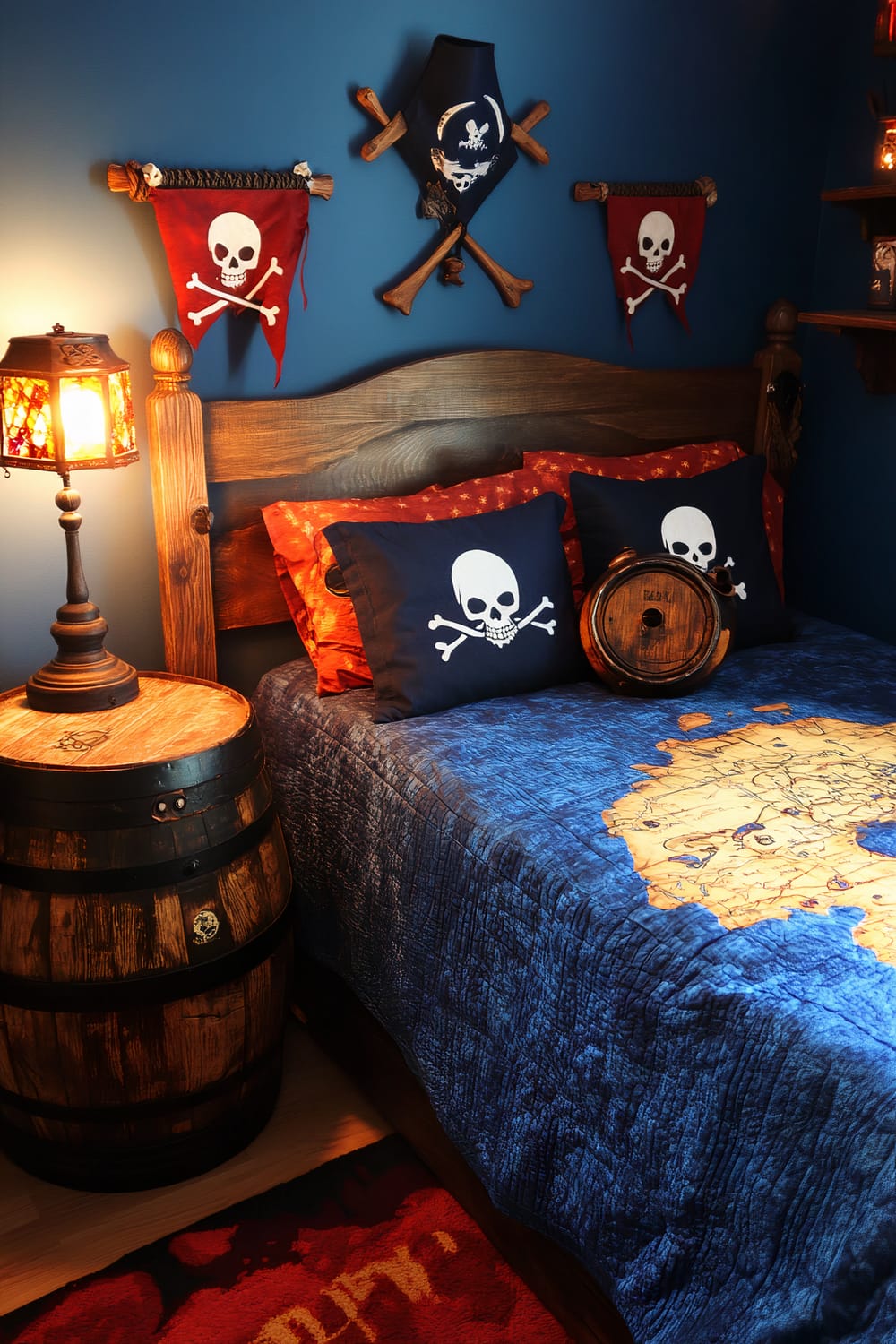 An image of a pirate-themed bedroom featuring a wooden bed with blue bedding decorated with a map design. The pillows are black with white skull and crossbones prints. The walls are painted in a deep blue color and adorned with pirate flags and crossed sword decorations. A lantern-style lamp sits on a barrel-shaped nightstand next to the bed.