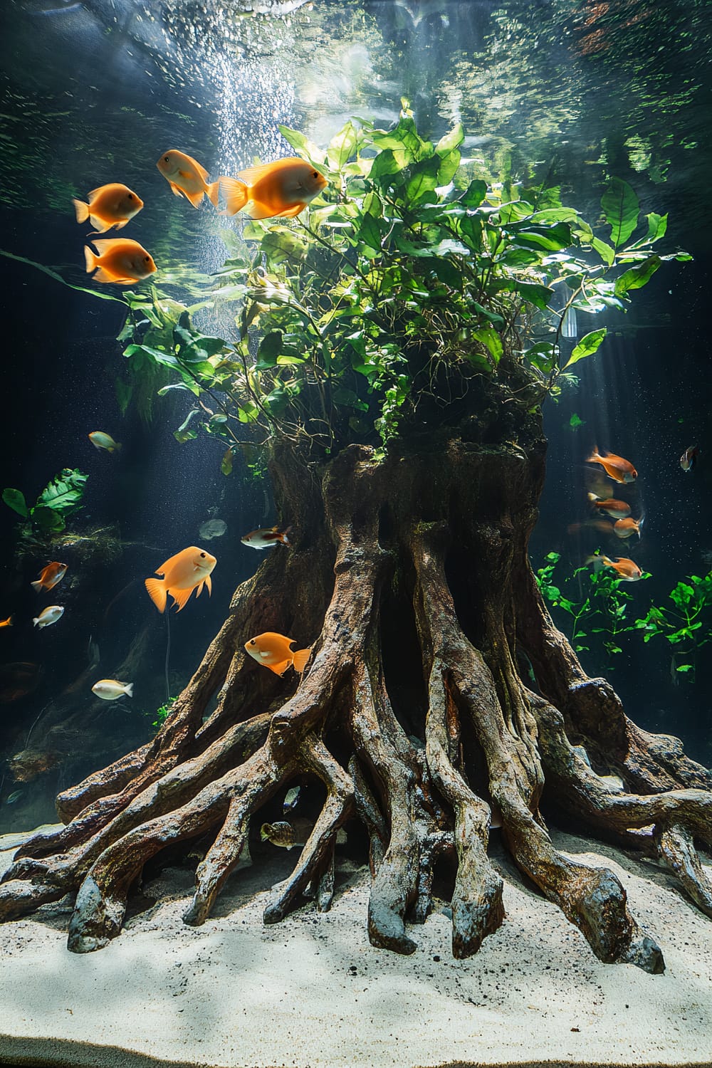 An aquarium featuring a central mangrove root structure that extends outward across the sandy bottom. The mangrove roots provide numerous hiding places for fish. There is subdued lighting highlighting the scene, and minimal decorations with a few plants growing on the roots, accompanied by several vibrantly colored fish swimming around.