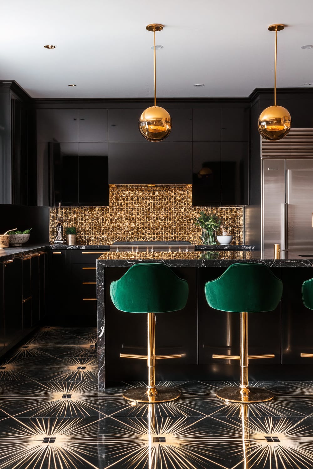 A luxurious kitchen interior designed with a modern, dramatic flair. The kitchen features sleek black cabinetry with minimalist gold handles, a golden, mosaic-tiled backsplash, and two spherical, gold pendant lights hanging over a black marble island with a glossy finish. The island is complemented by two plush emerald green bar stools with gold bases. The floor showcases a dark, patterned design that echoes the gold accents found throughout the kitchen, creating a cohesive and sophisticated visual aesthetic. A stainless steel refrigerator is set into the cabinetry, adding to the streamlined look.