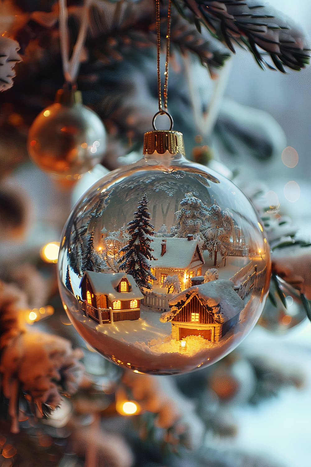 A beautiful Christmas ornament encases a miniature winter village scene inside a clear glass bauble. The detailed model within features quaint, snow-covered cottages with warmly lit windows, surrounded by snowy trees and a white picket fence. The bauble hangs on a Christmas tree branch, with blurred lights in the background creating a festive ambiance.